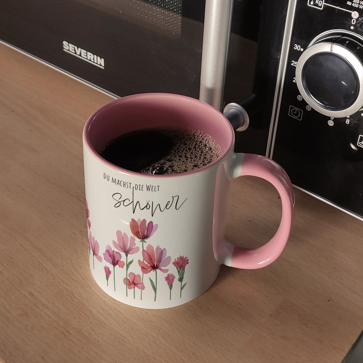 Aquarell Blumen Kaffeebecher mit Spruch Du machst die Welt schöner