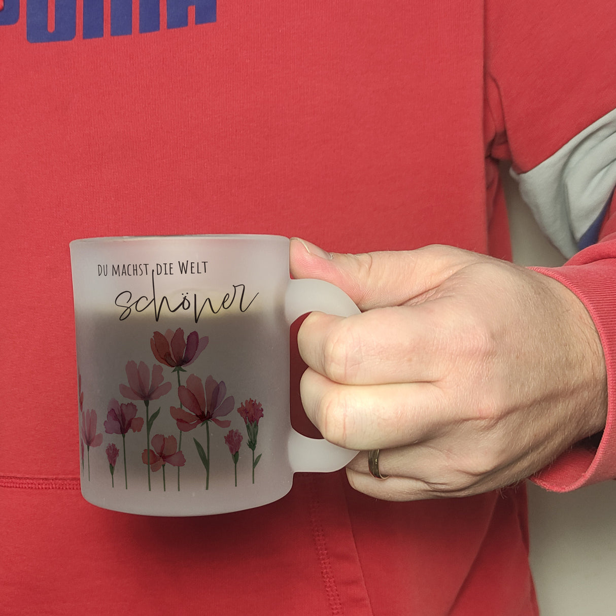 Aquarell Blumen Kaffeebecher mit Spruch Du machst die Welt schöner