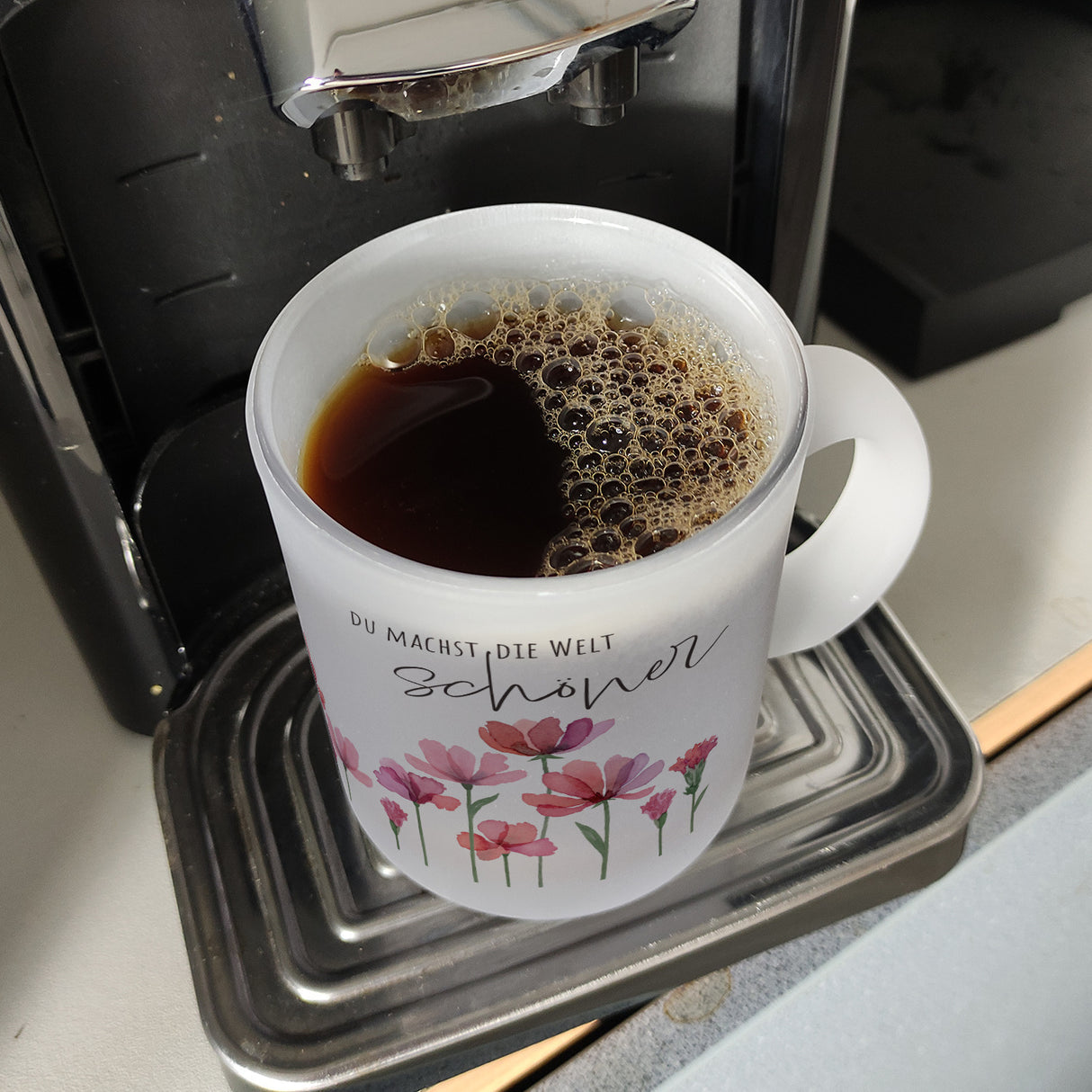Aquarell Blumen Kaffeebecher mit Spruch Du machst die Welt schöner