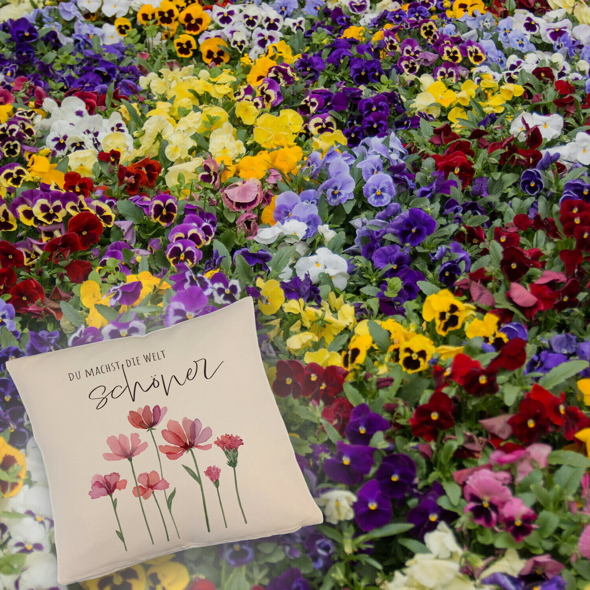 Aquarell Blumen Kissen mit Spruch Du machst die Welt schöner