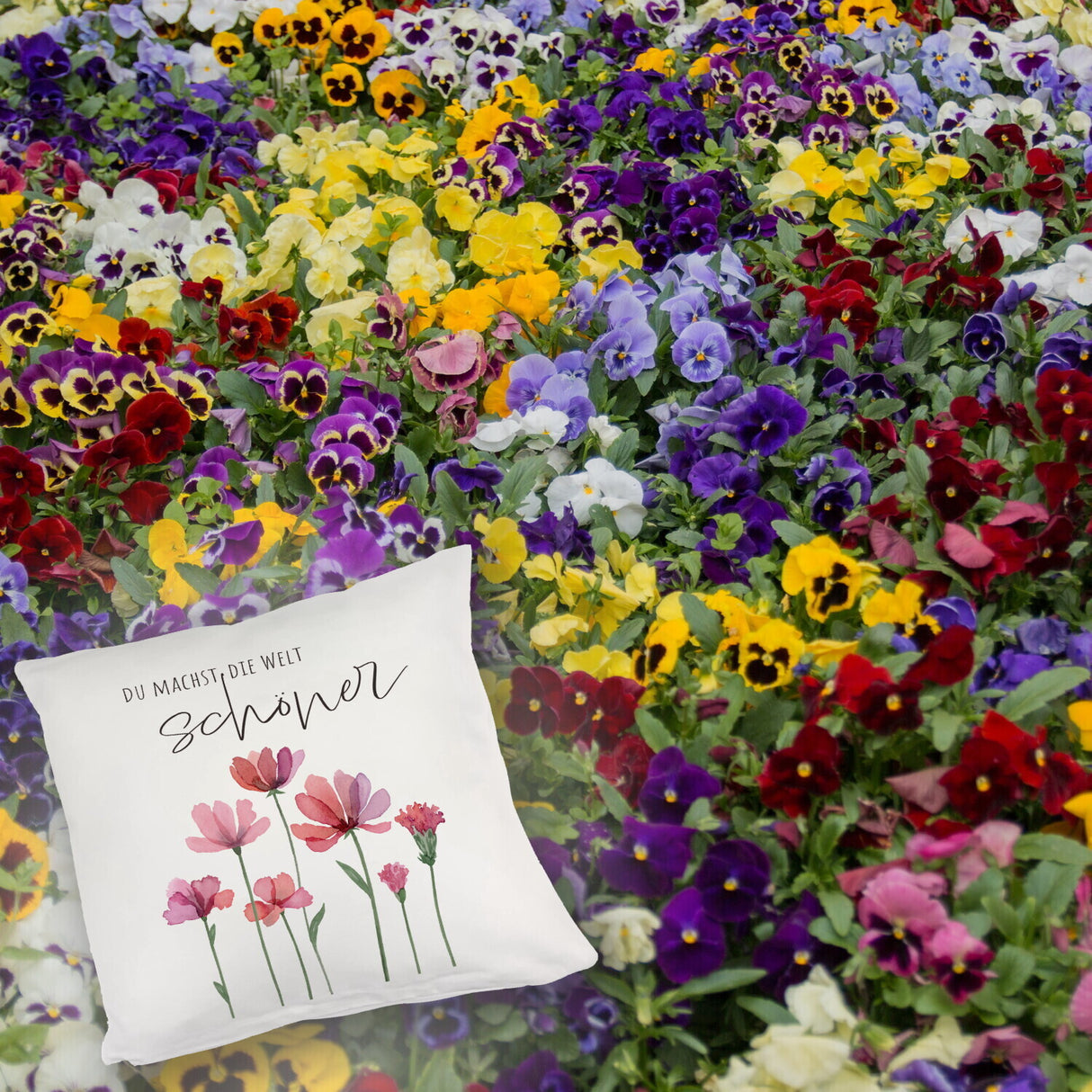 Aquarell Blumen Kissen mit Spruch Du machst die Welt schöner