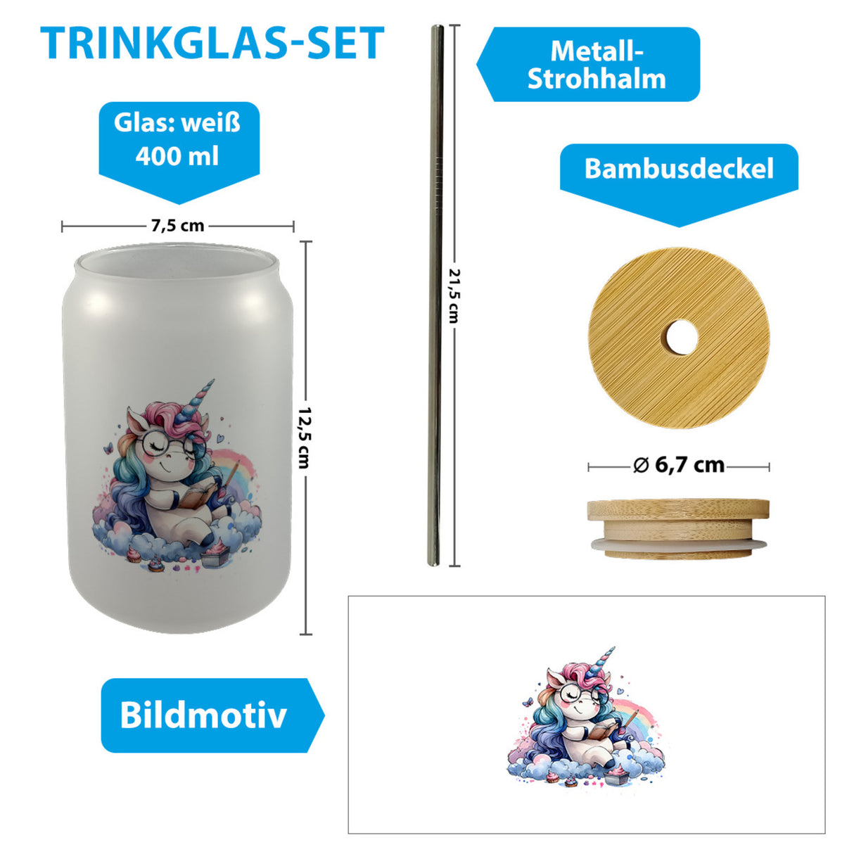 Träumendes Einhorn Trinkglas mit Bambusdeckel