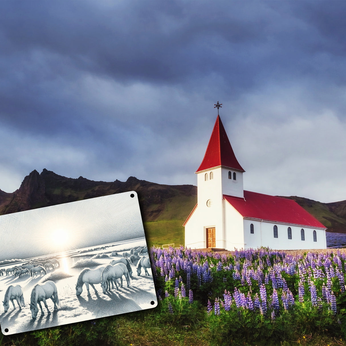Landschaft mit Pferden Metallschild in 15x20 cm