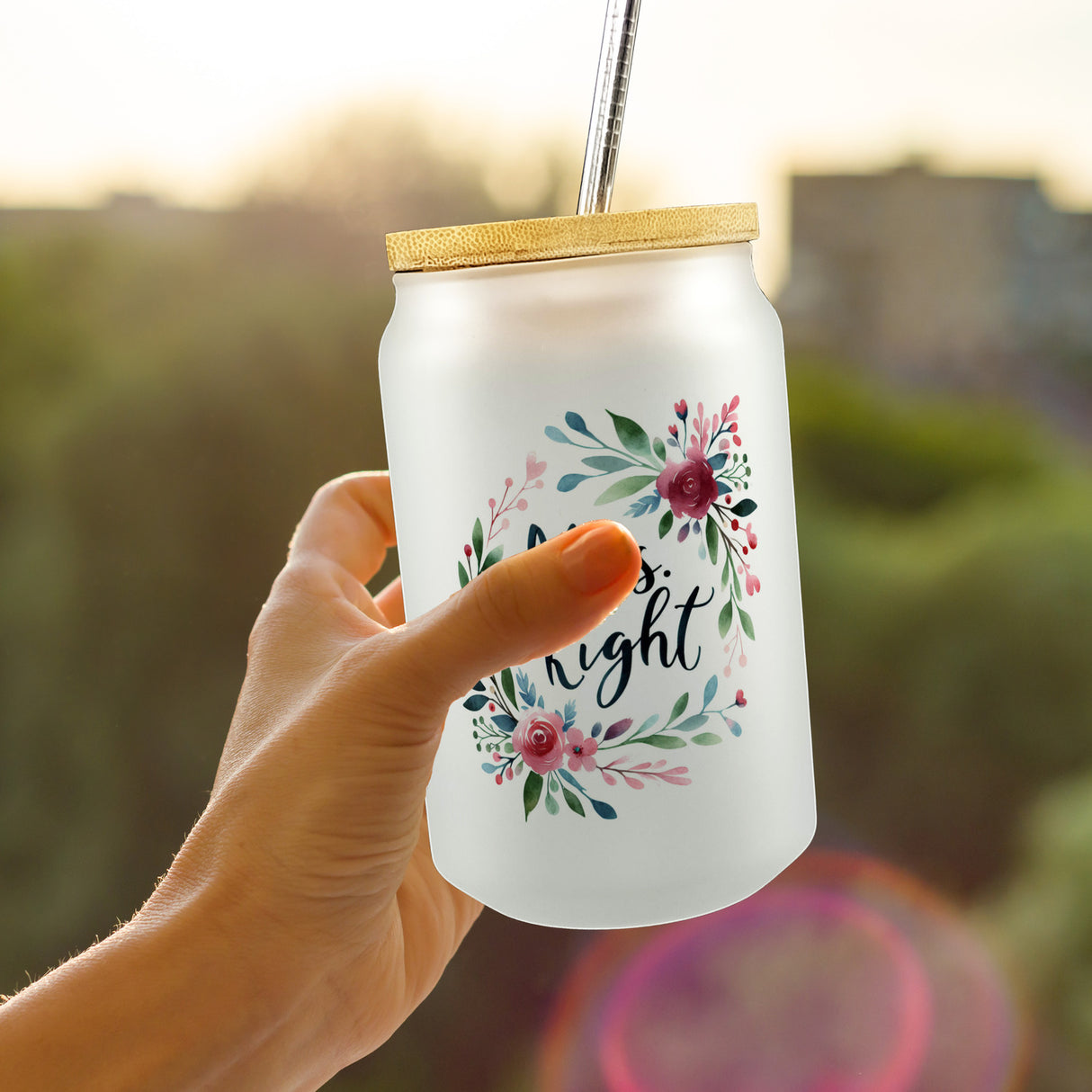Mrs Right Trinkglas mit Bambusdeckel