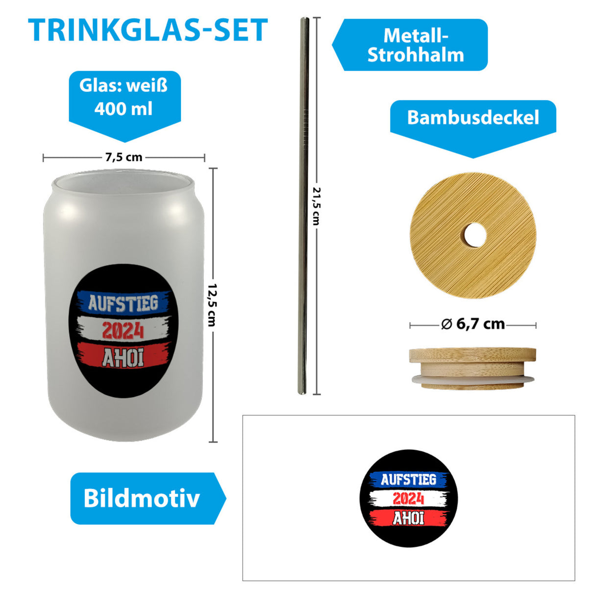Kiel Aufstieg 2024 Trinkglas mit Bambusdeckel mit Spruch Ahoi