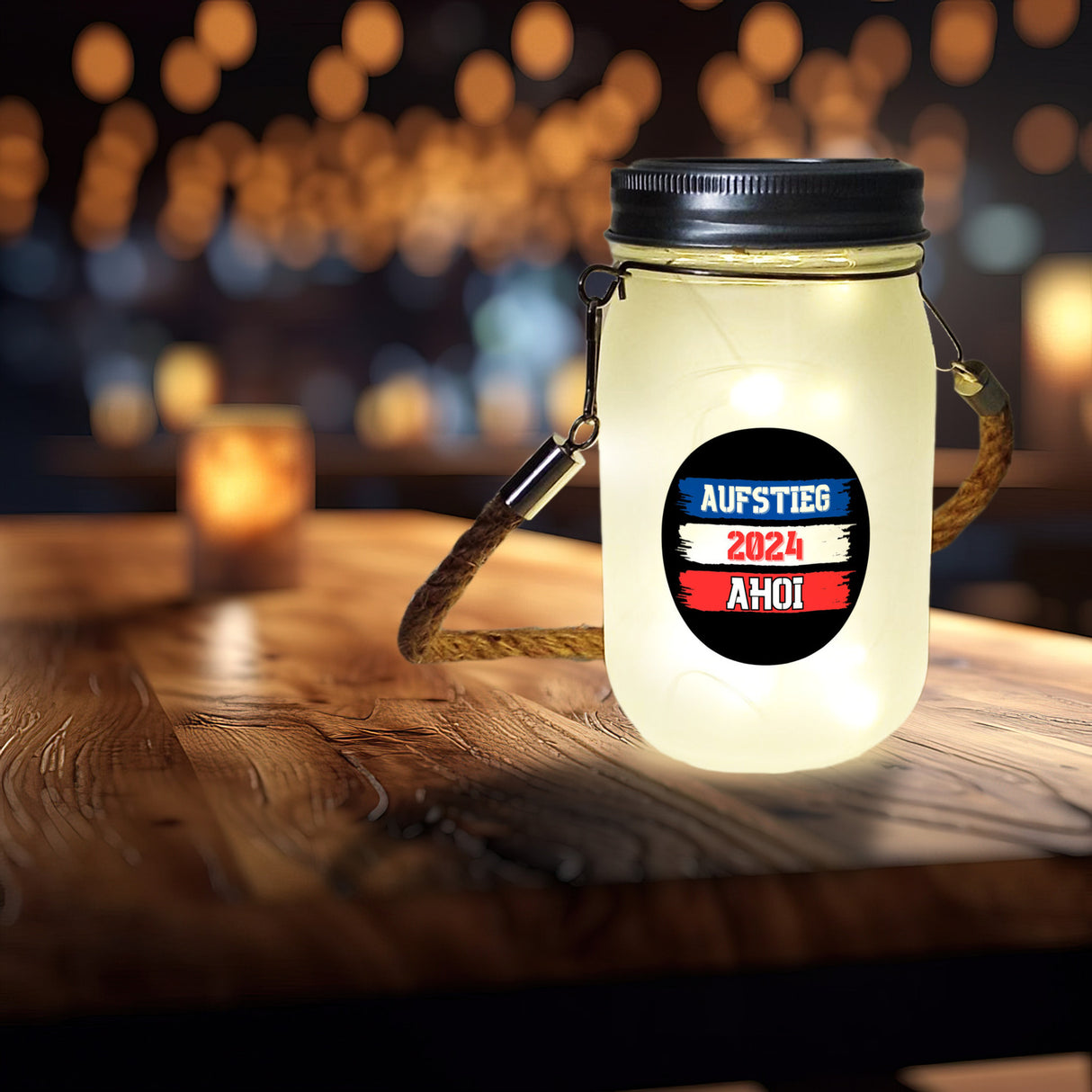Kiel Aufstieg 2024 Solarlicht mit Spruch Ahoi