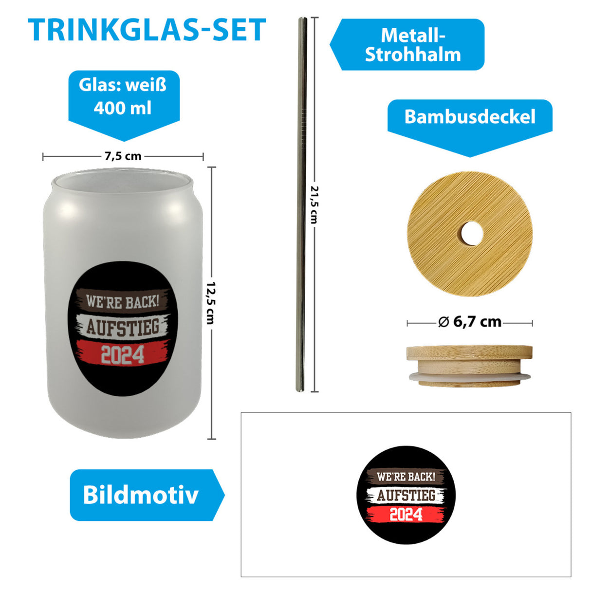 St. Pauli Aufstieg 2024 Trinkglas mit Bambusdeckel mit Spruch We're back