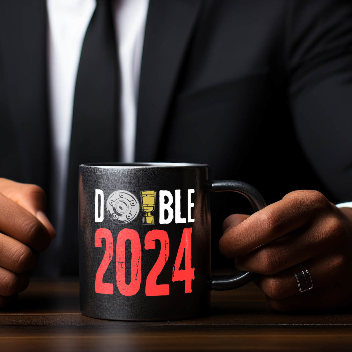 Leverkusen Double-Sieger Tasse in Schwarz mit Spruch Double 2024