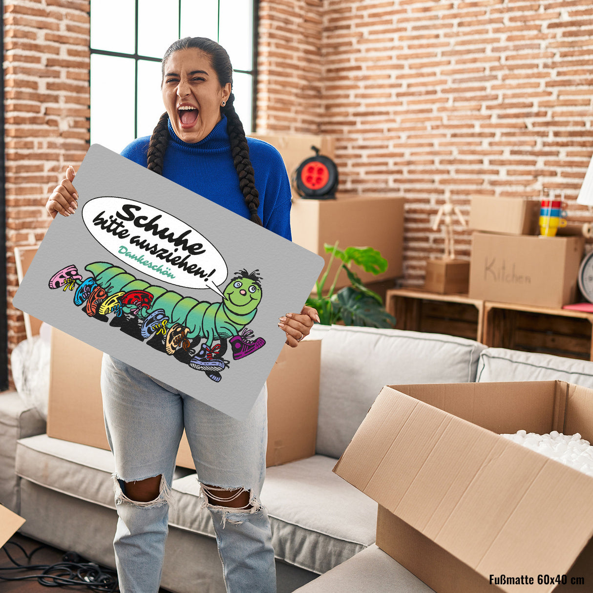 Tausendfüßler Fußmatte in 35x50 cm ohne Rand mit Spruch Schuhe bitte ausziehen - Dankeschön