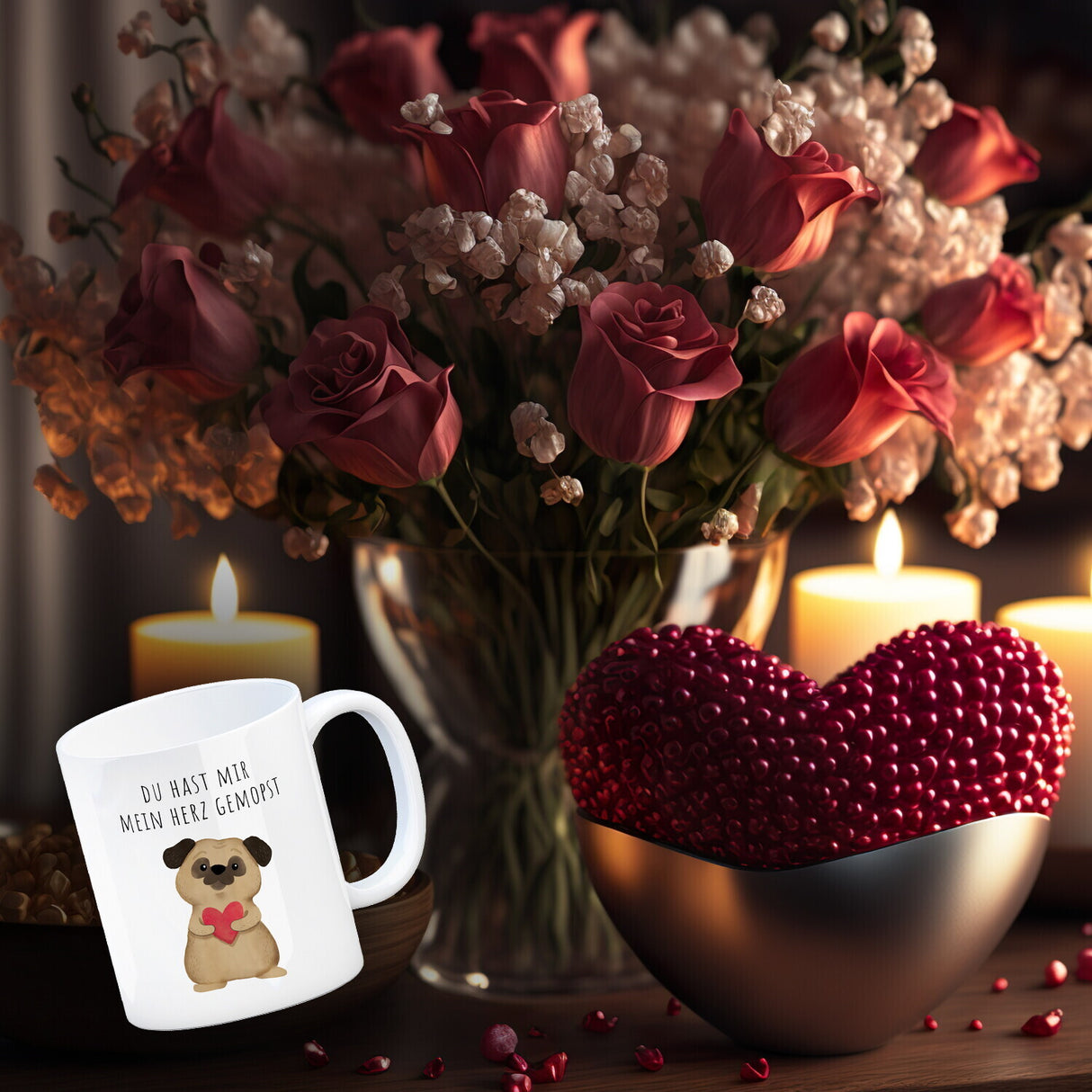 Mops mit Herz Kaffeebecher mit Spruch Du hast mir mein Herz gemopst