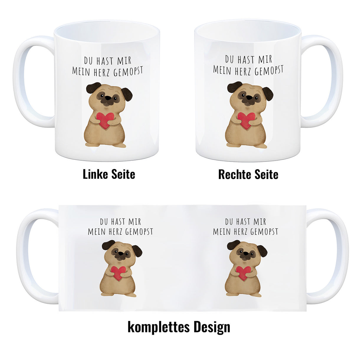 Mops mit Herz Kaffeebecher mit Spruch Du hast mir mein Herz gemopst
