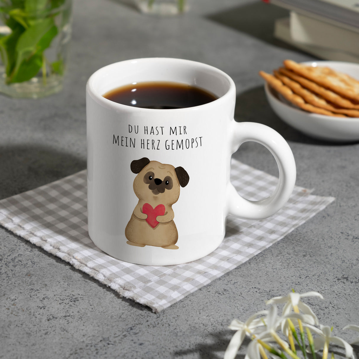 Mops mit Herz Kaffeebecher mit Spruch Du hast mir mein Herz gemopst