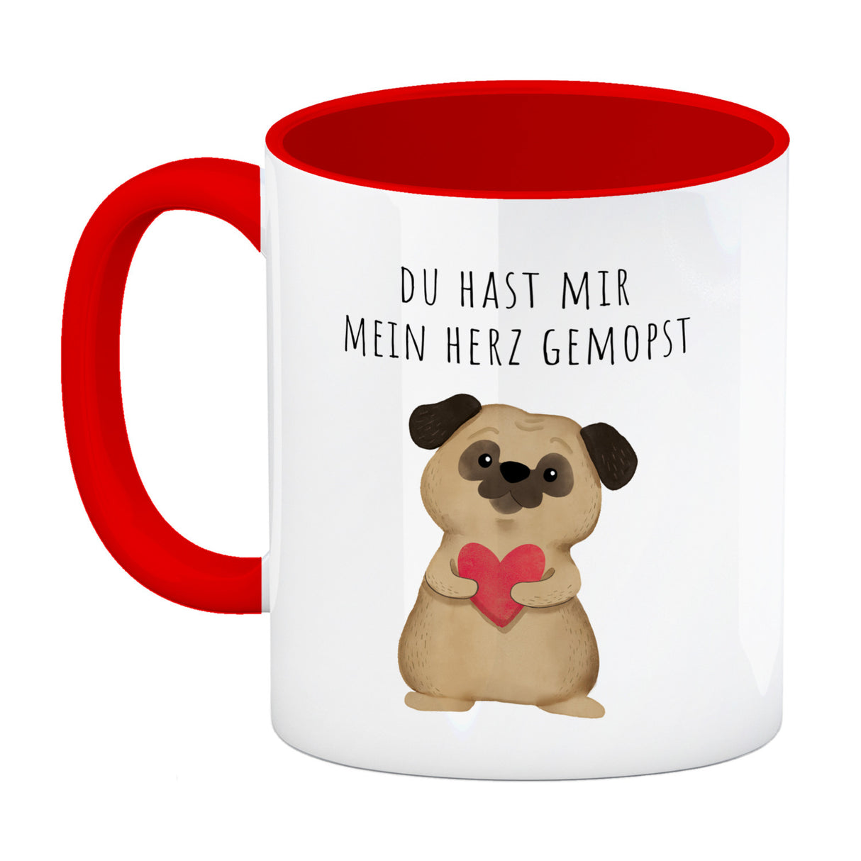 Mops mit Herz Kaffeebecher mit Spruch Du hast mir mein Herz gemopst