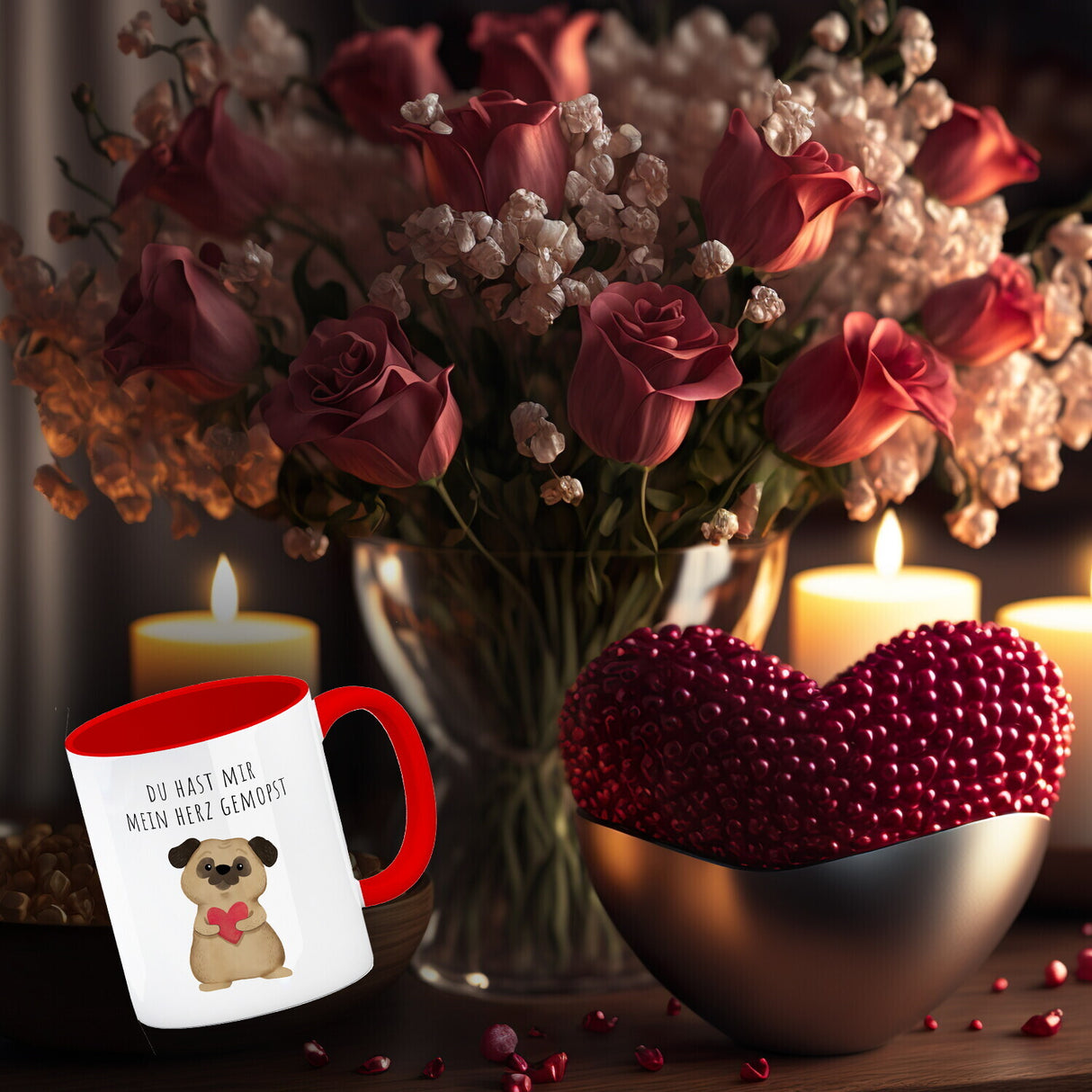 Mops mit Herz Kaffeebecher mit Spruch Du hast mir mein Herz gemopst