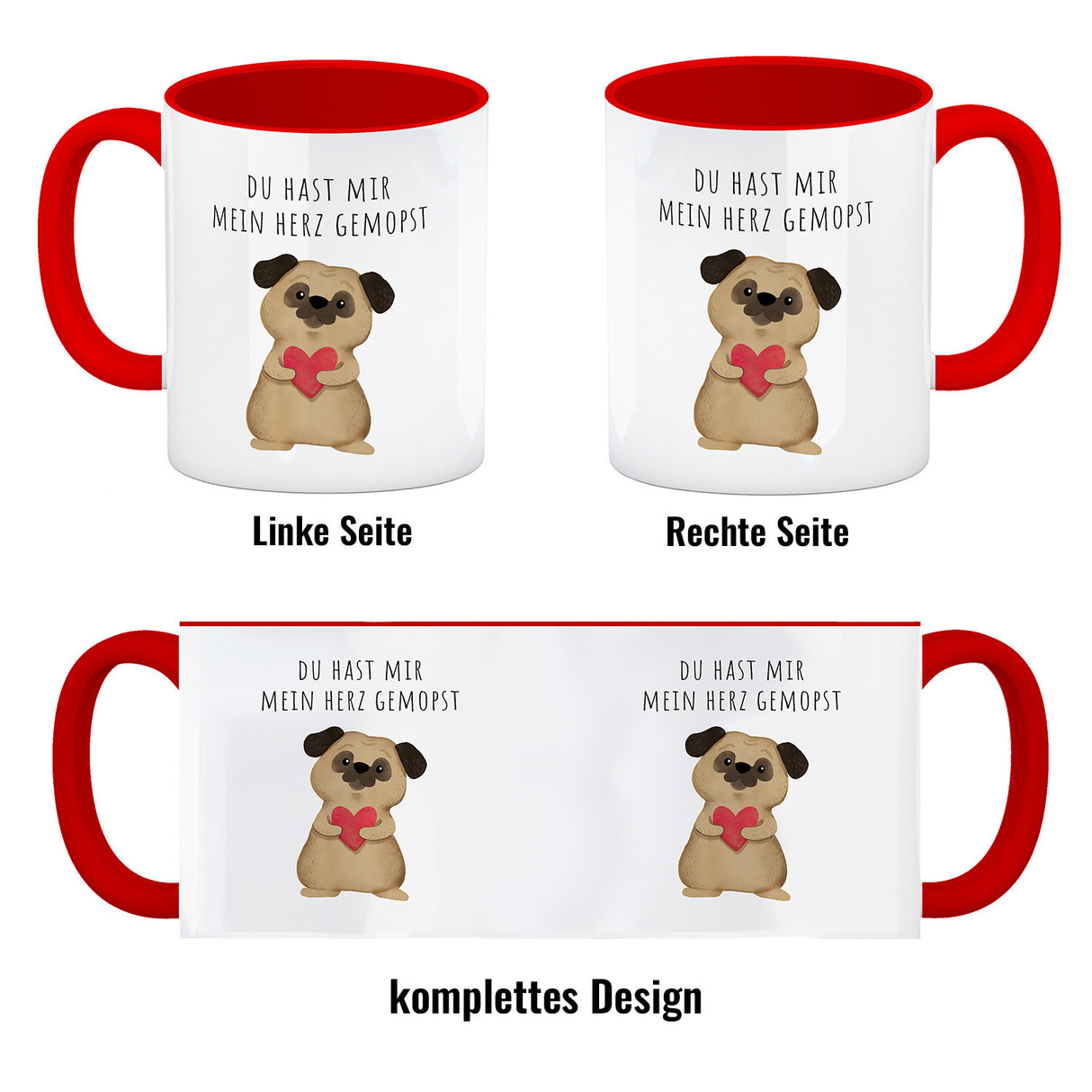Mops mit Herz Kaffeebecher mit Spruch Du hast mir mein Herz gemopst