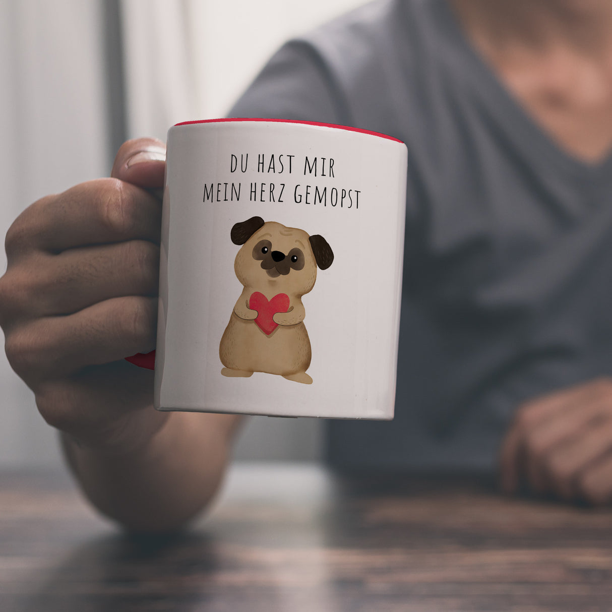 Mops mit Herz Kaffeebecher mit Spruch Du hast mir mein Herz gemopst