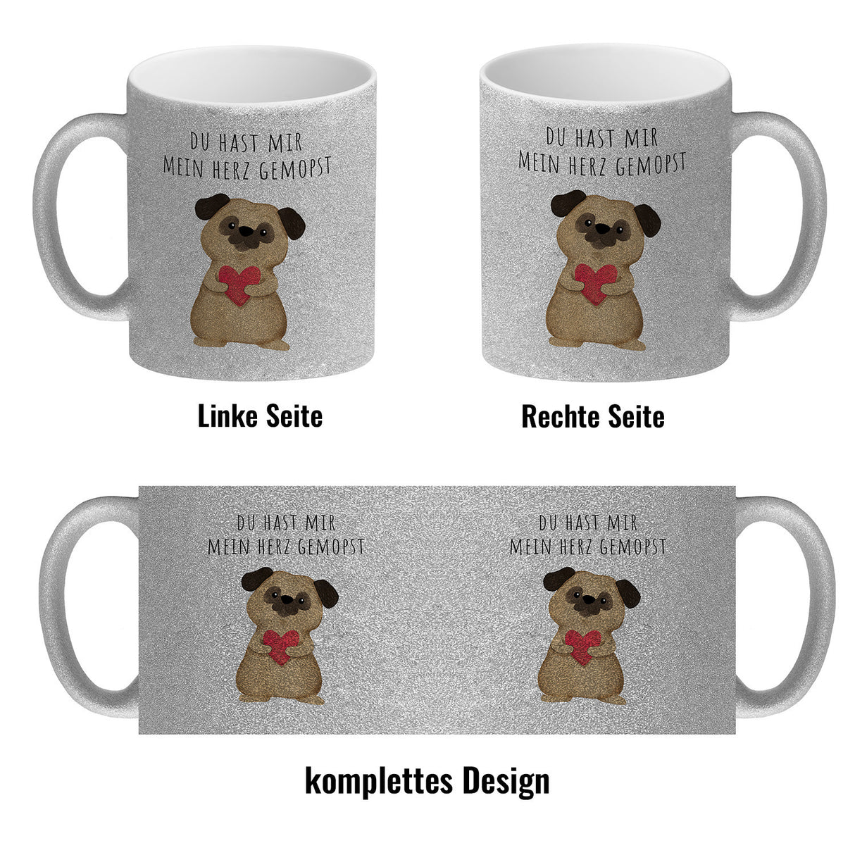Mops mit Herz Kaffeebecher mit Spruch Du hast mir mein Herz gemopst