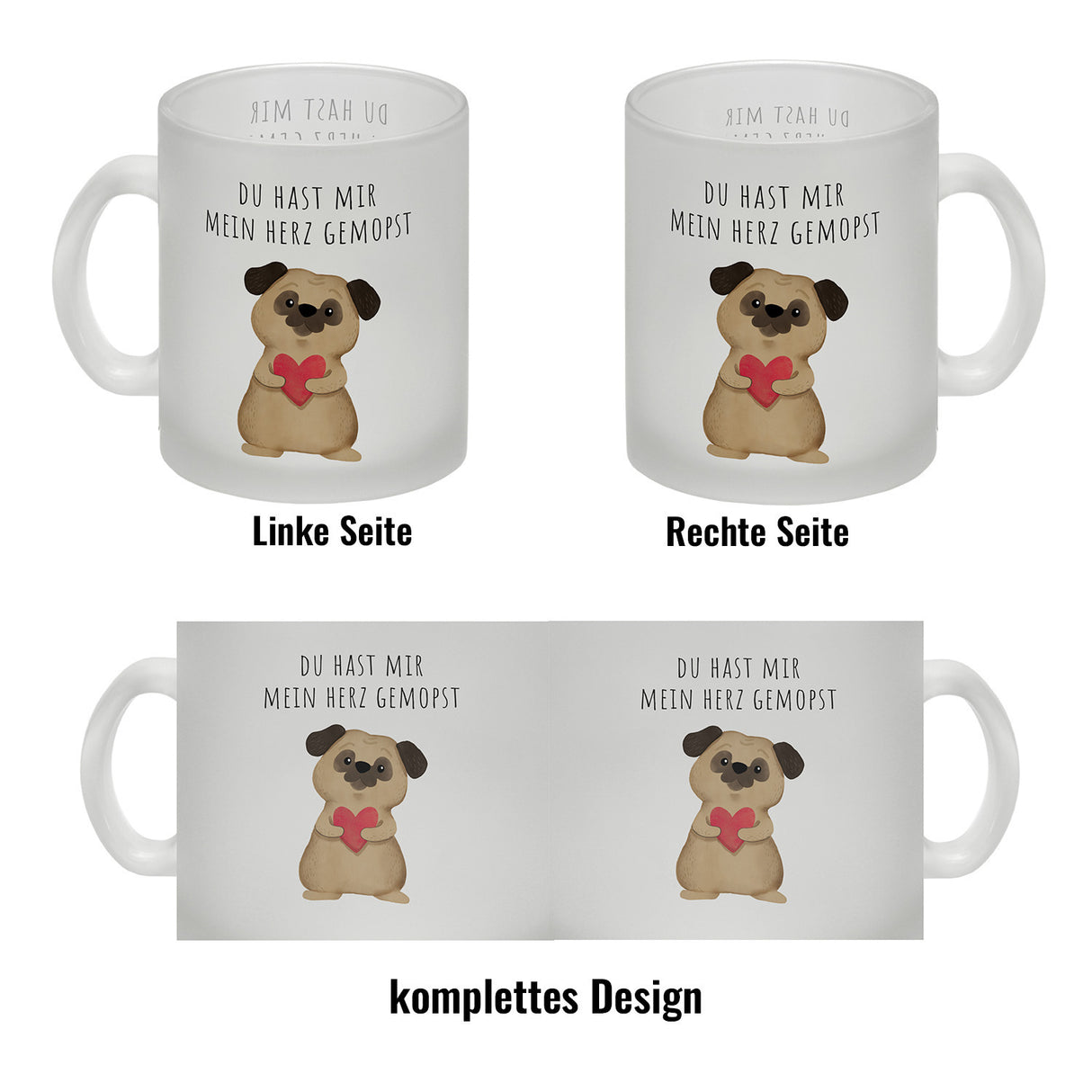 Mops mit Herz Kaffeebecher mit Spruch Du hast mir mein Herz gemopst
