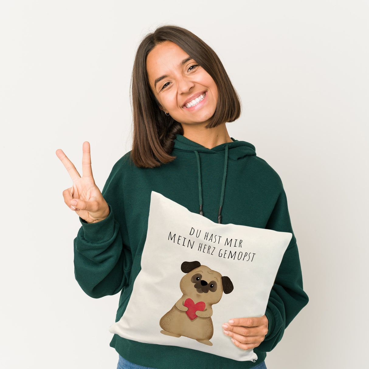 Mops mit Herz Kissen mit Spruch Du hast mir mein Herz gemopst