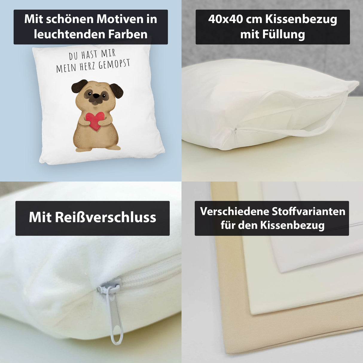 Mops mit Herz Kissen mit Spruch Du hast mir mein Herz gemopst