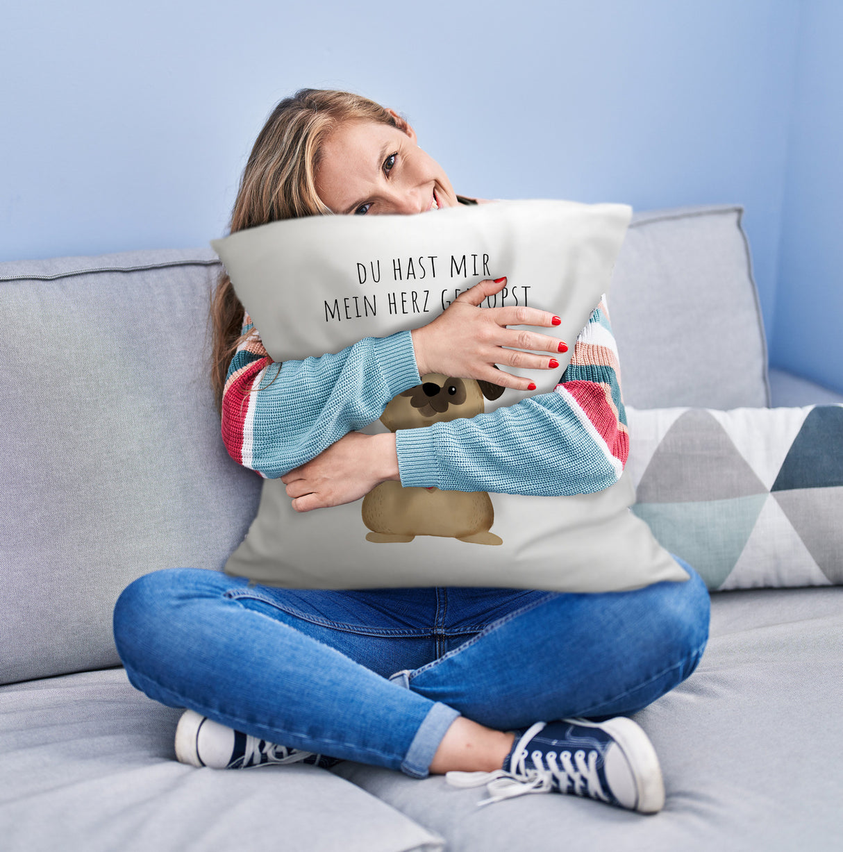 Mops mit Herz Kissen mit Spruch Du hast mir mein Herz gemopst