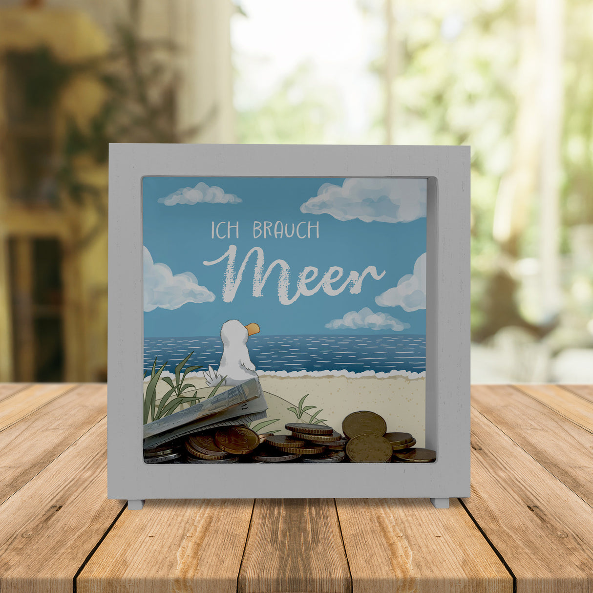 Möwe am Strand Spardose mit Spruch Ich brauch Meer