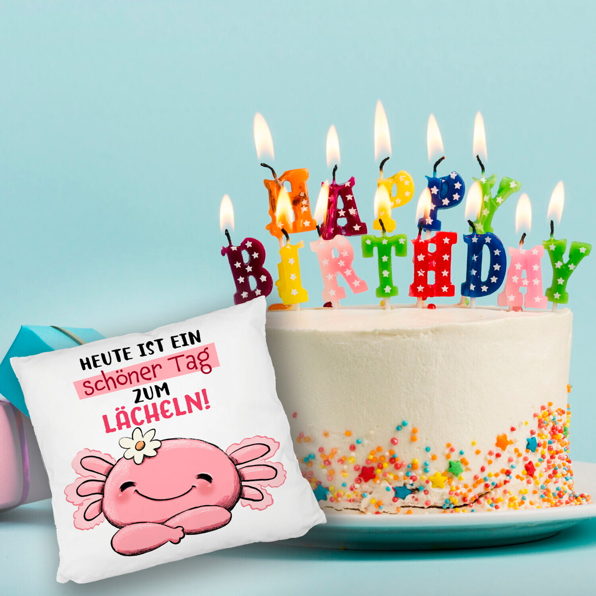 Axolotl Kissen mit Spruch Heute ist ein schöner Tag zum Lächeln