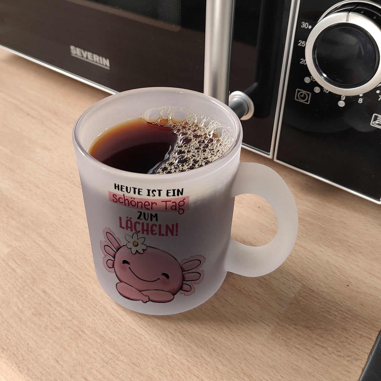 Axolotl Kaffeebecher mit Spruch Heute ist ein schöner Tag zum Lächeln