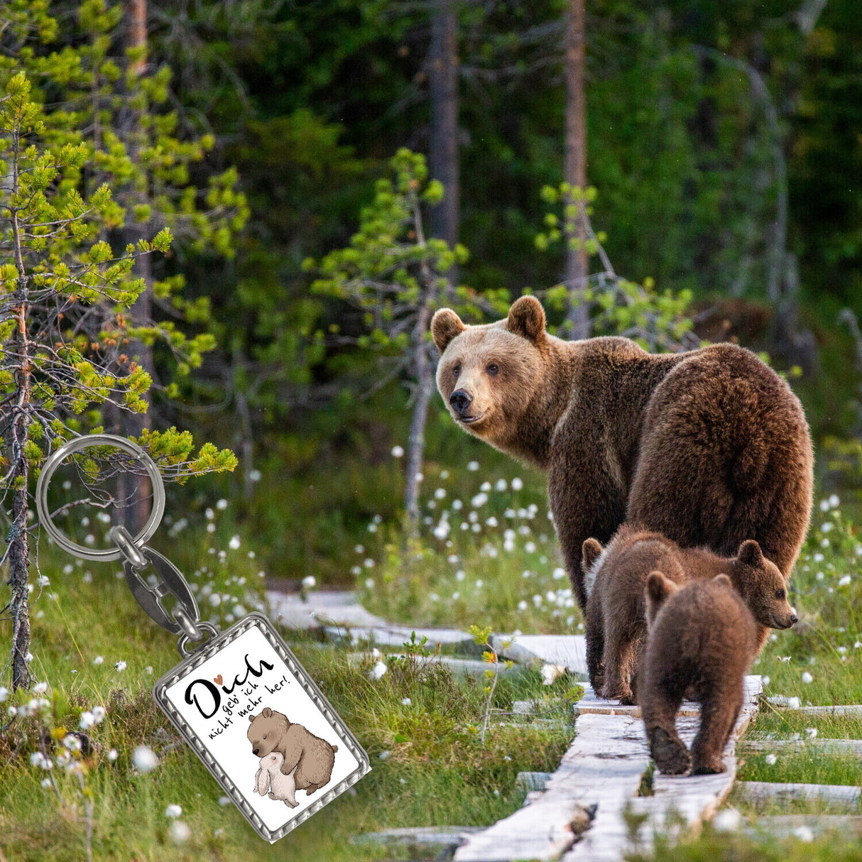Hase und Bär Schlüsselanhänger mit Spruch Dich geb‘ ich nicht mehr her