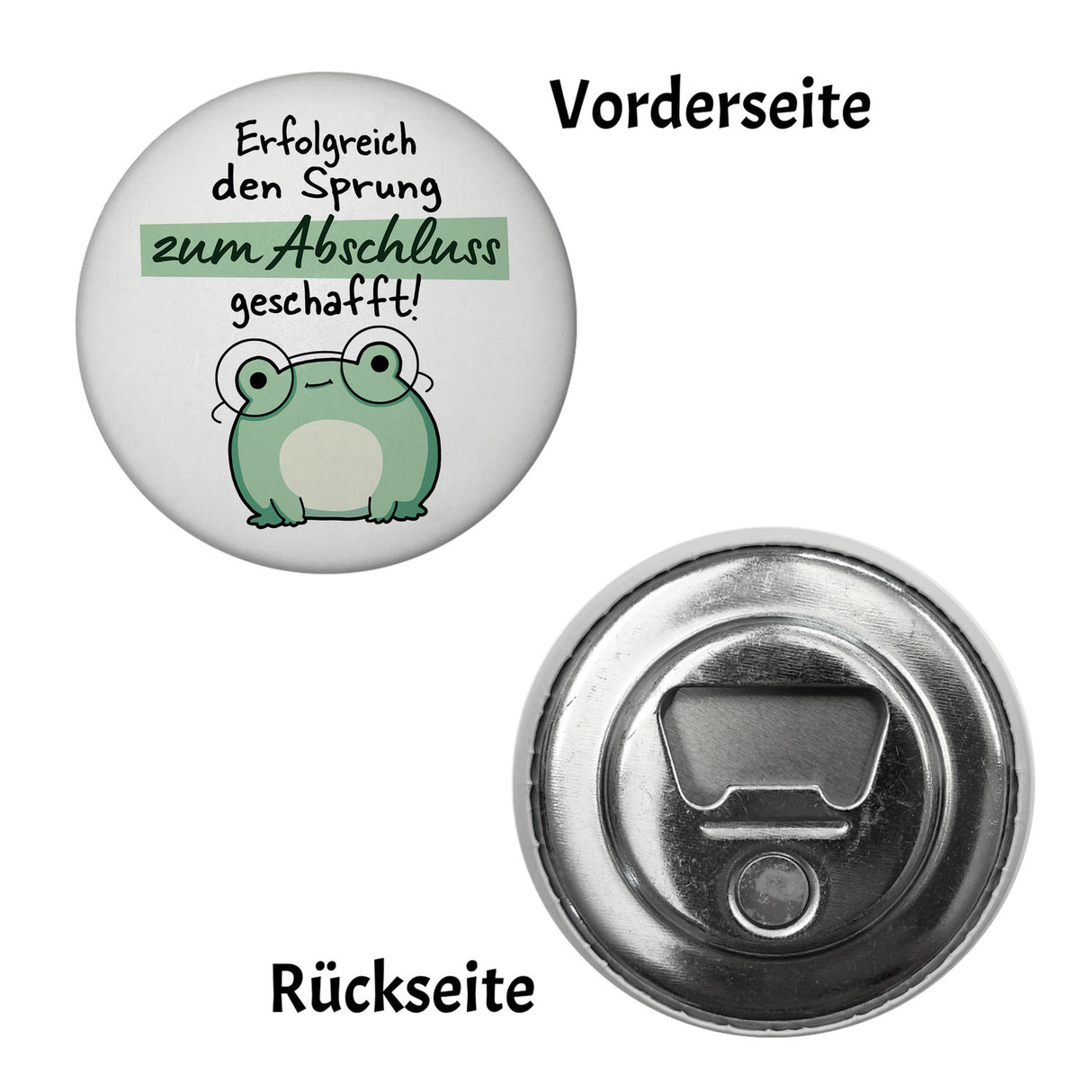 Frosch mit Brille Magnet rund mit Spruch Sprung zum Abschluss geschafft