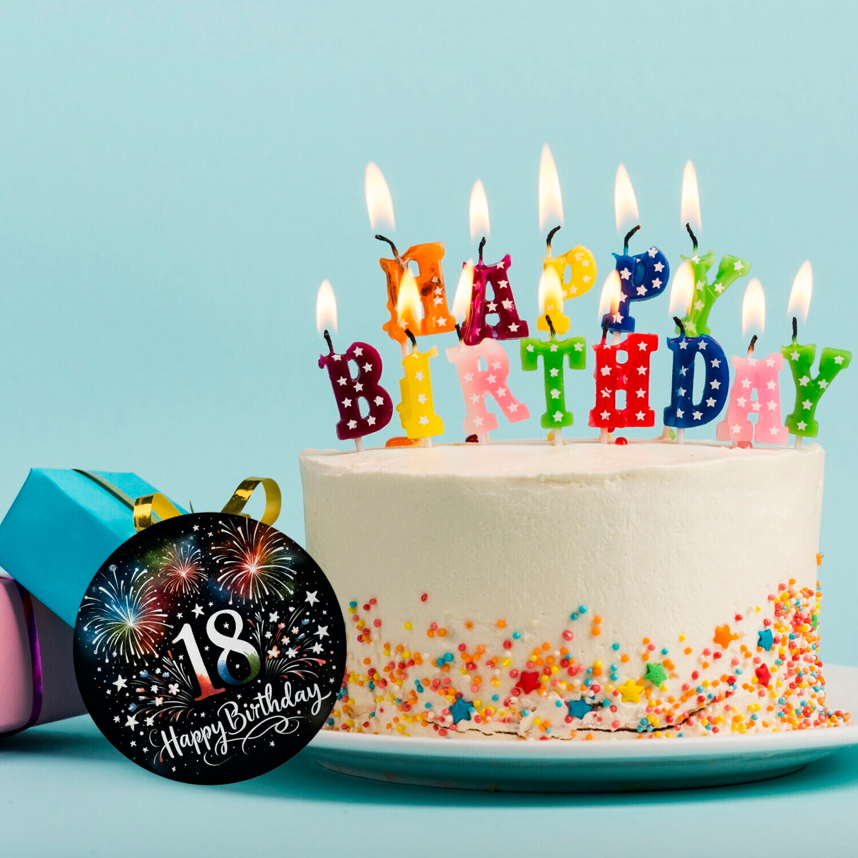 18. Geburtstag Feuerwerk Magnet rund mit Spruch Happy Birthday 18