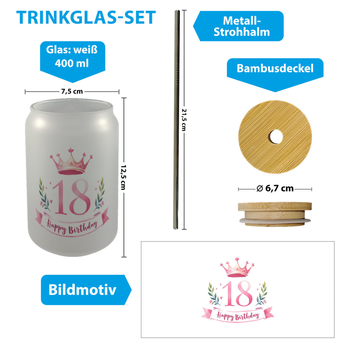 Happy Birthday 18 Krone Trinkglas mit Bambusdeckel