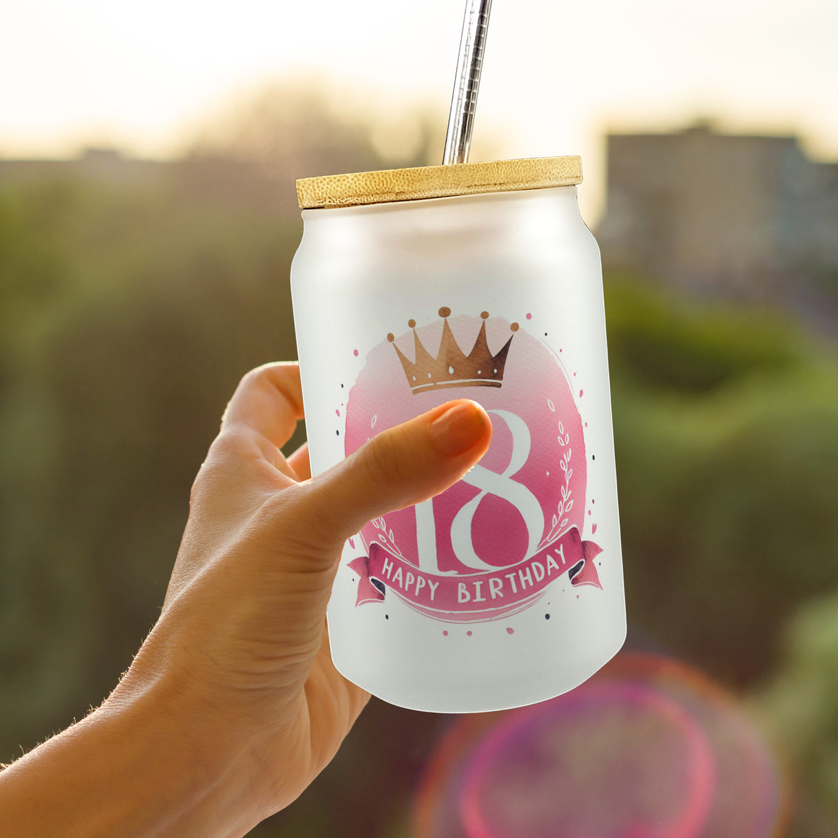 Happy Birthday 18 Krone Trinkglas mit Bambusdeckel