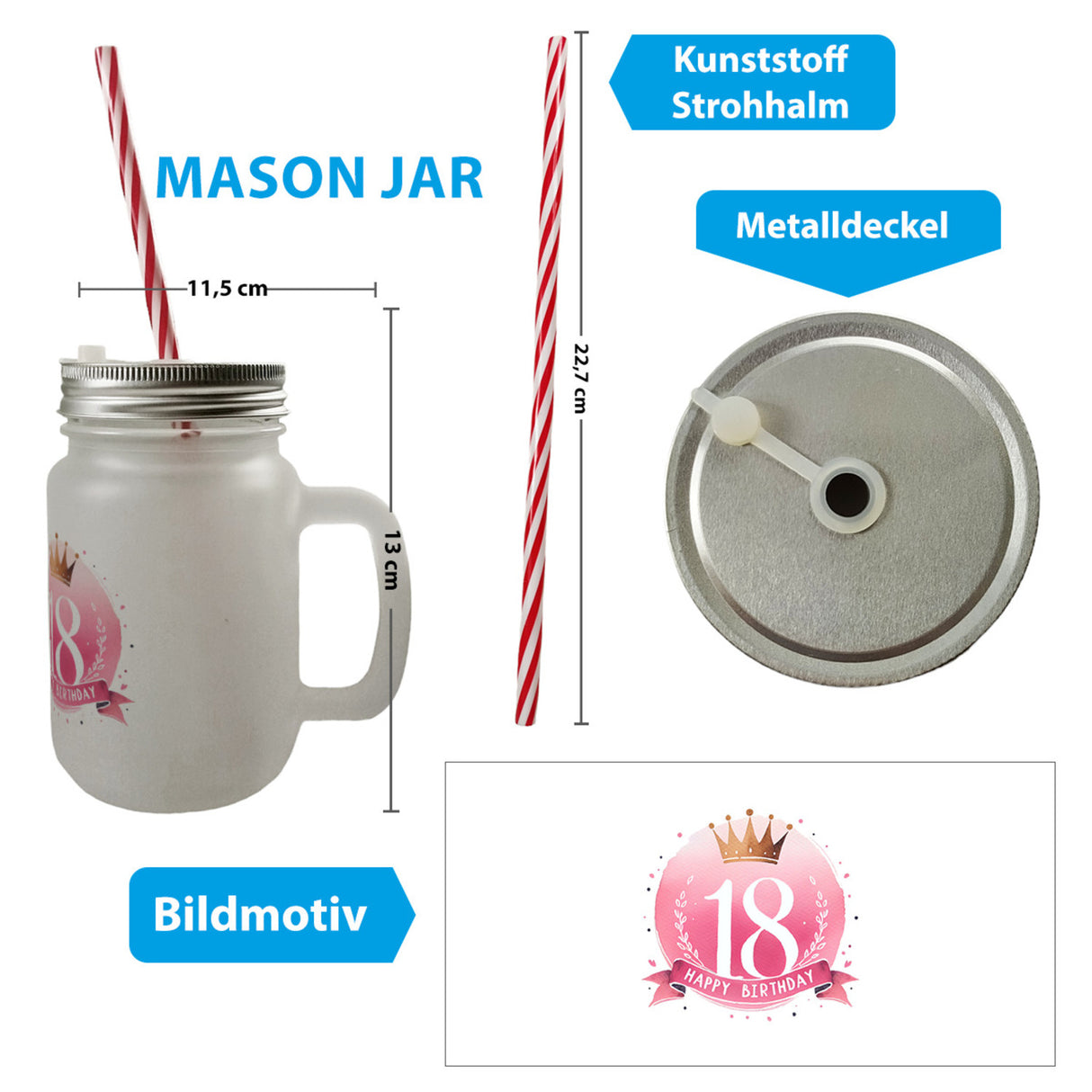 Happy Birthday 18 Krone Trinkglas mit Bambusdeckel