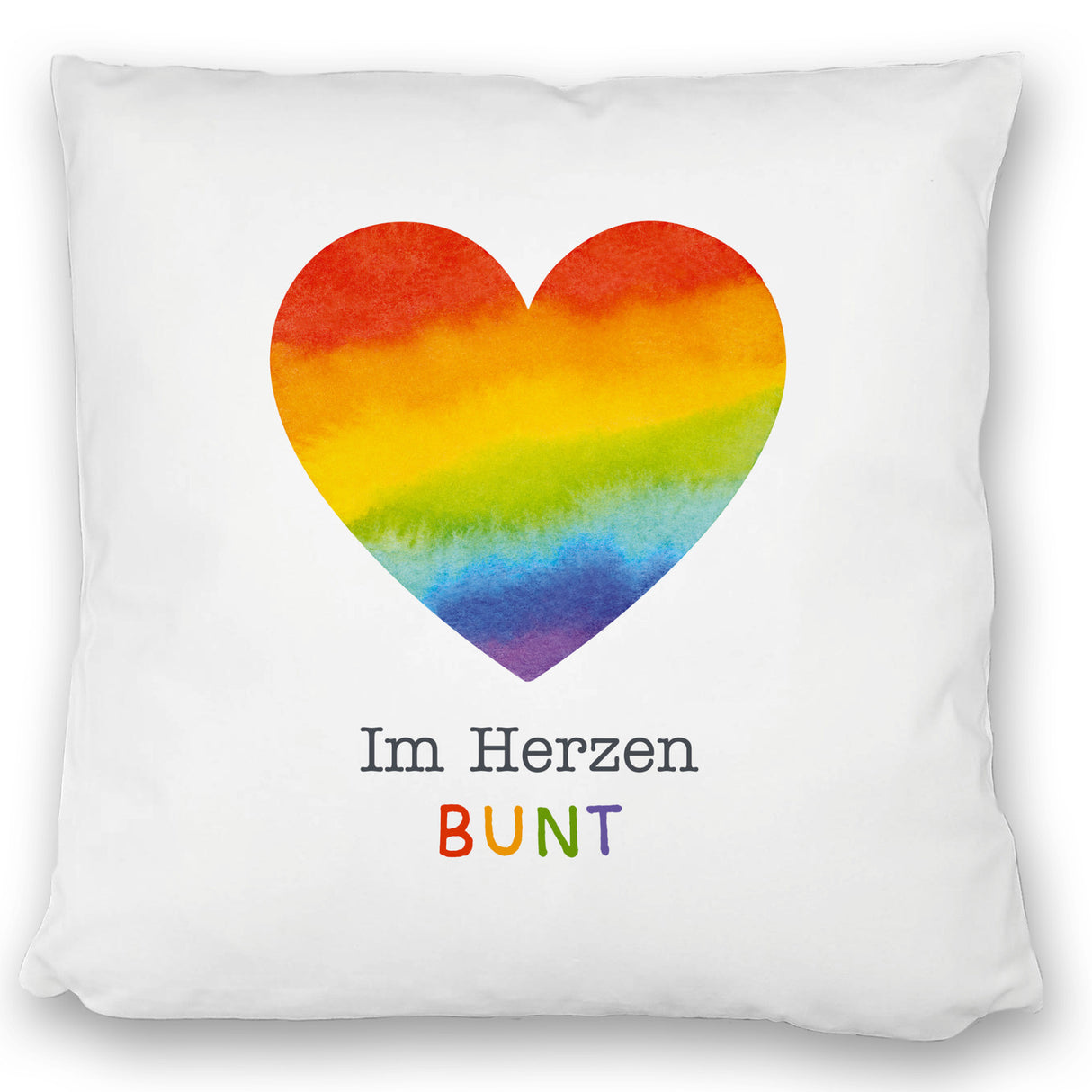 Regenbogenherz Kissen mit Spruch Im Herzen bunt
