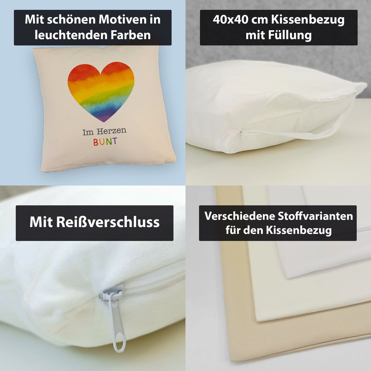 Regenbogenherz Kissen mit Spruch Im Herzen bunt