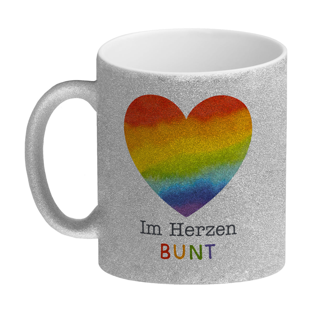 Regenbogenherz Kaffeebecher mit Spruch Im Herzen bunt