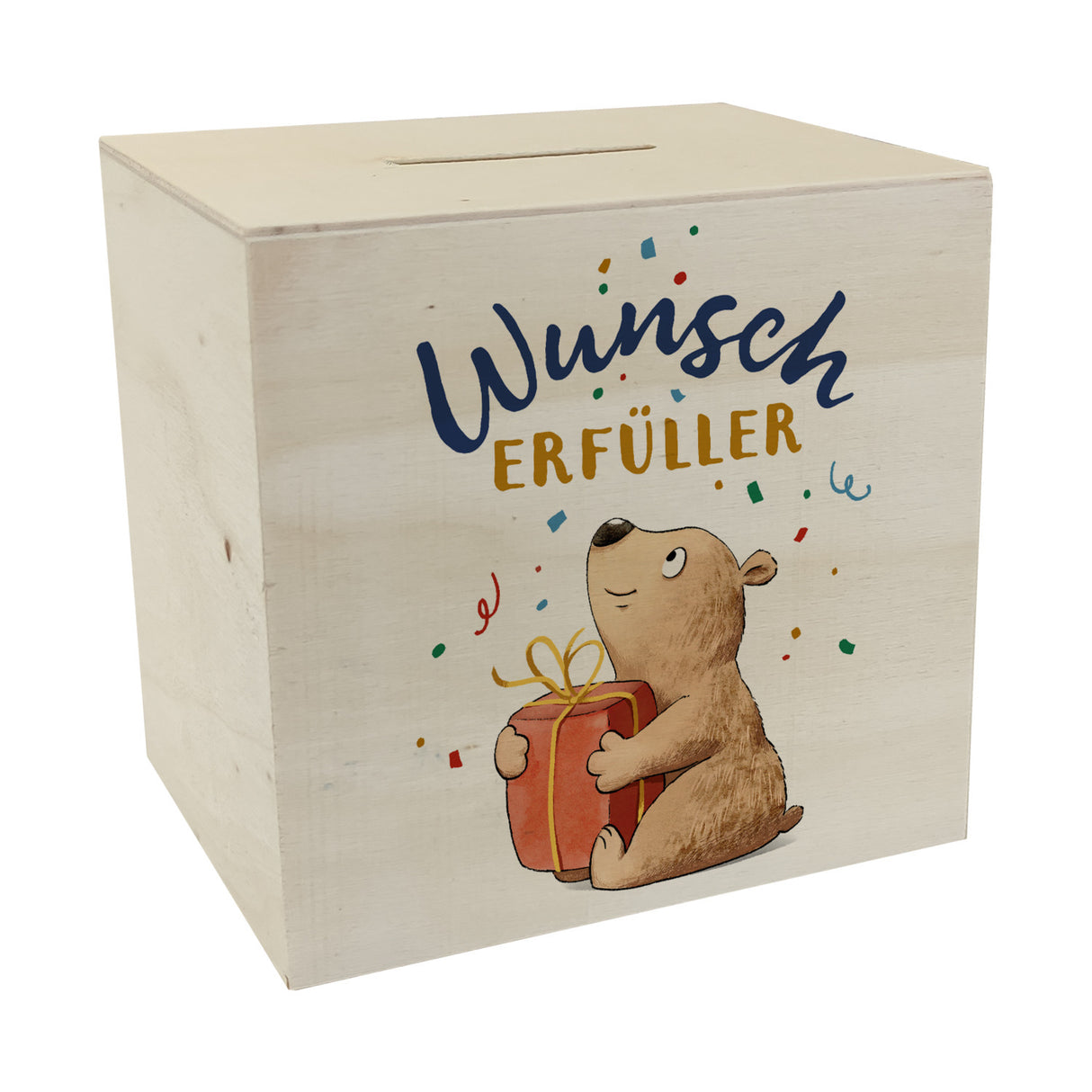 Bär mit Geschenk Spardose mit Spruch Wunscherfüller
