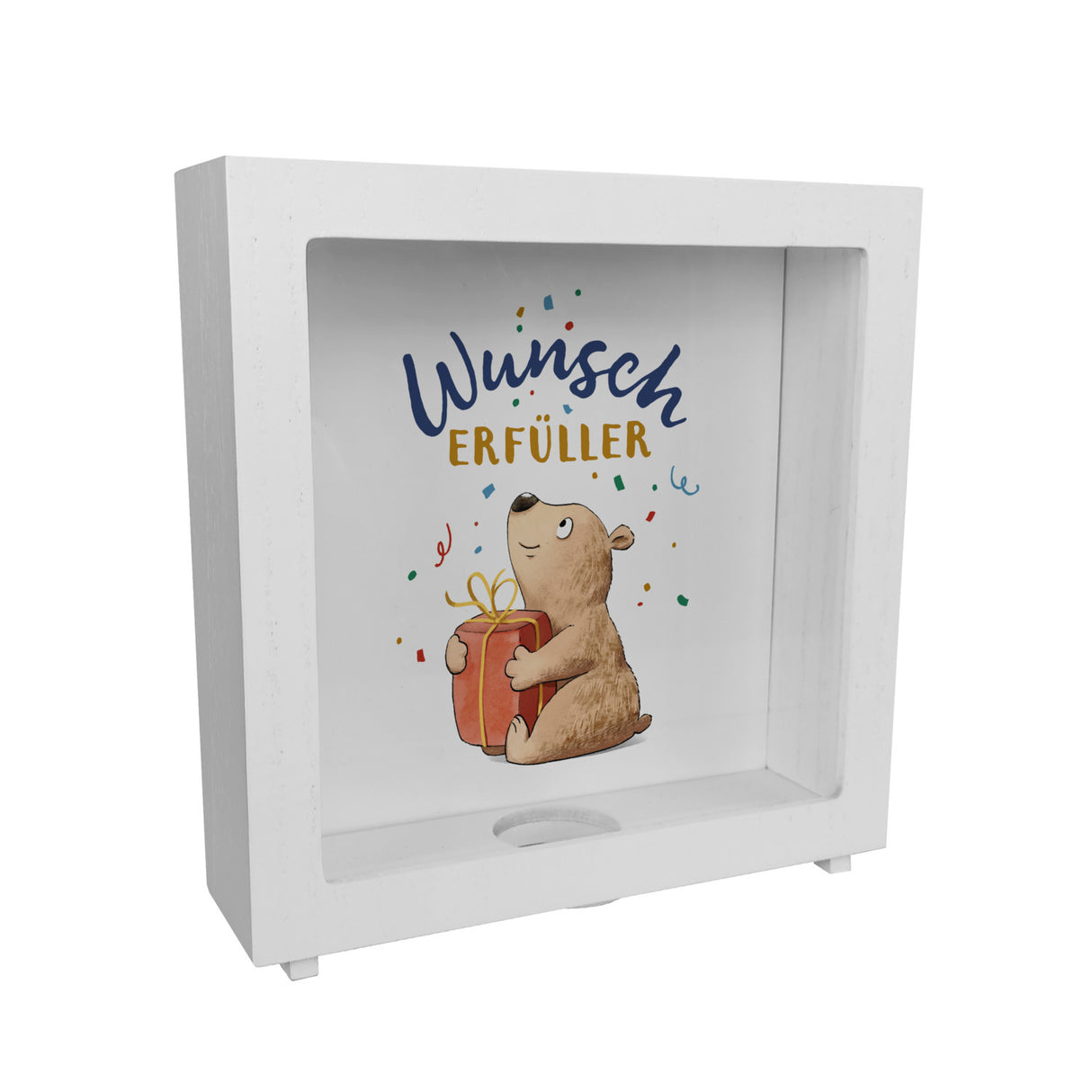 Bär mit Geschenk Spardose mit Spruch Wunscherfüller