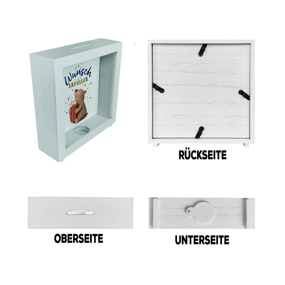 Bär mit Geschenk Spardose mit Spruch Wunscherfüller