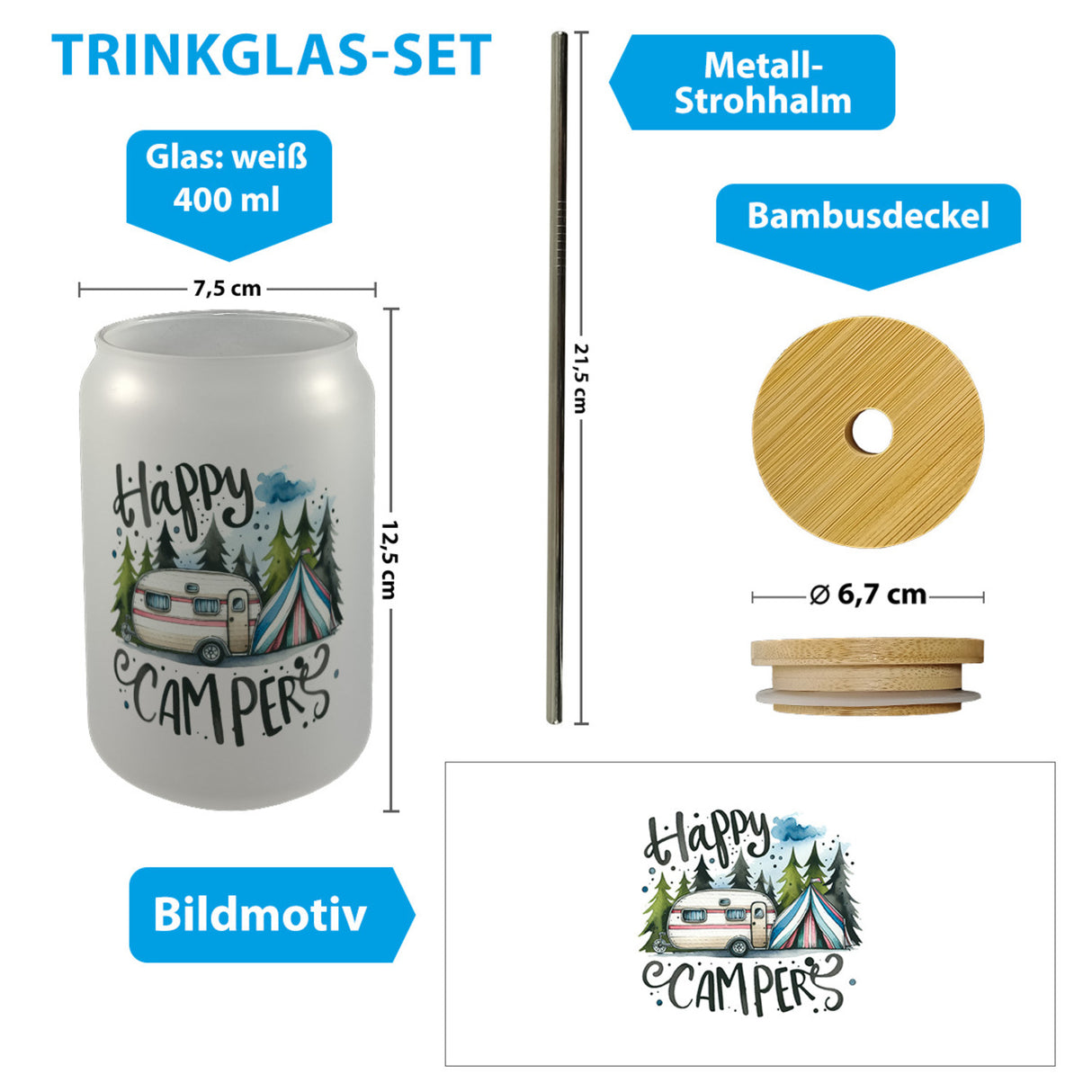 Happy Campers Wohnwagen Trinkglas mit Bambusdeckel