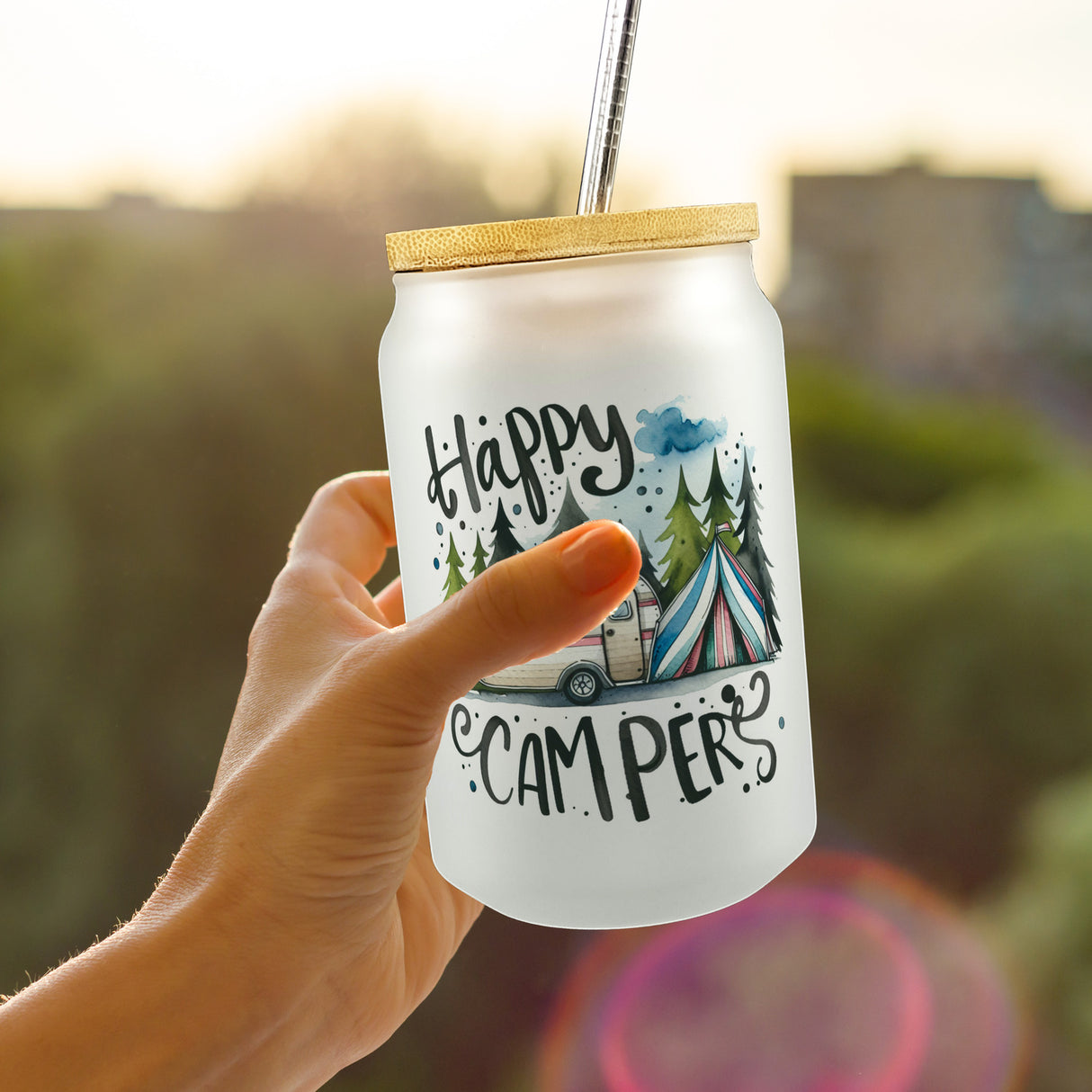 Happy Campers Wohnwagen Trinkglas mit Bambusdeckel