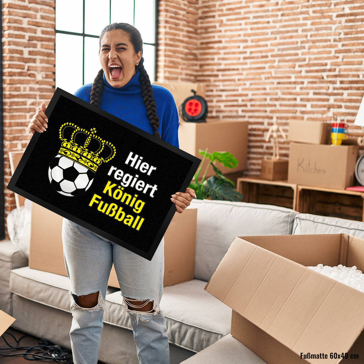 Fußball mit Krone Fußmatte in 35x50 cm mit Spruch Hier regiert König Fußball