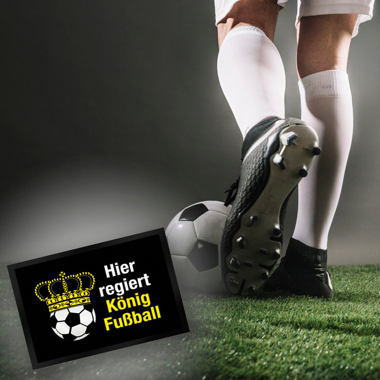Fußball mit Krone Fußmatte in 35x50 cm mit Spruch Hier regiert König Fußball