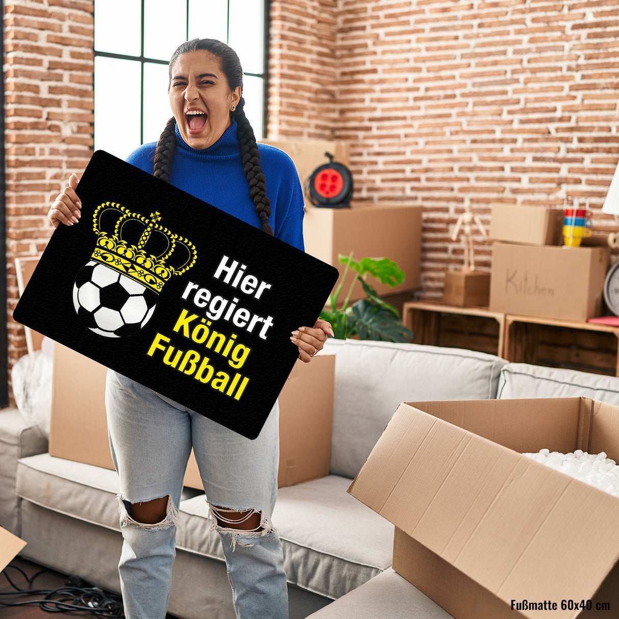 Fußball mit Krone Fußmatte in 35x50 cm ohne Rand mit Spruch Hier regiert König Fußball