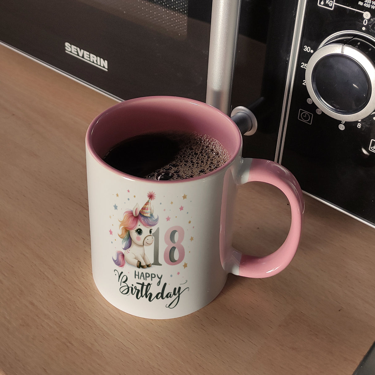 18. Geburtstag mit niedlichem Pferd Kaffeebecher mit Spruch Happy Birthday 18