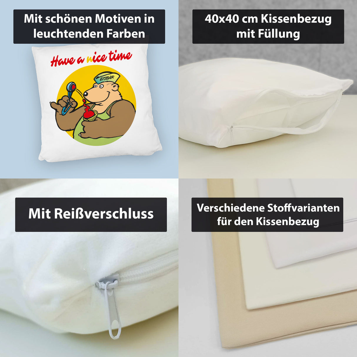 Eisbär mit Waffeleis Kissen mit Spruch have a nice time