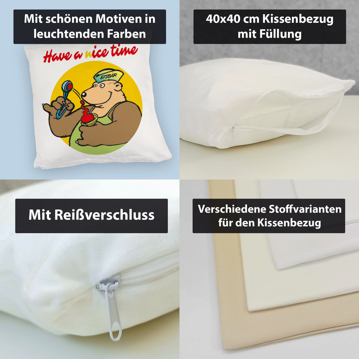 Eisbär mit Waffeleis Kissen mit Spruch have a nice time