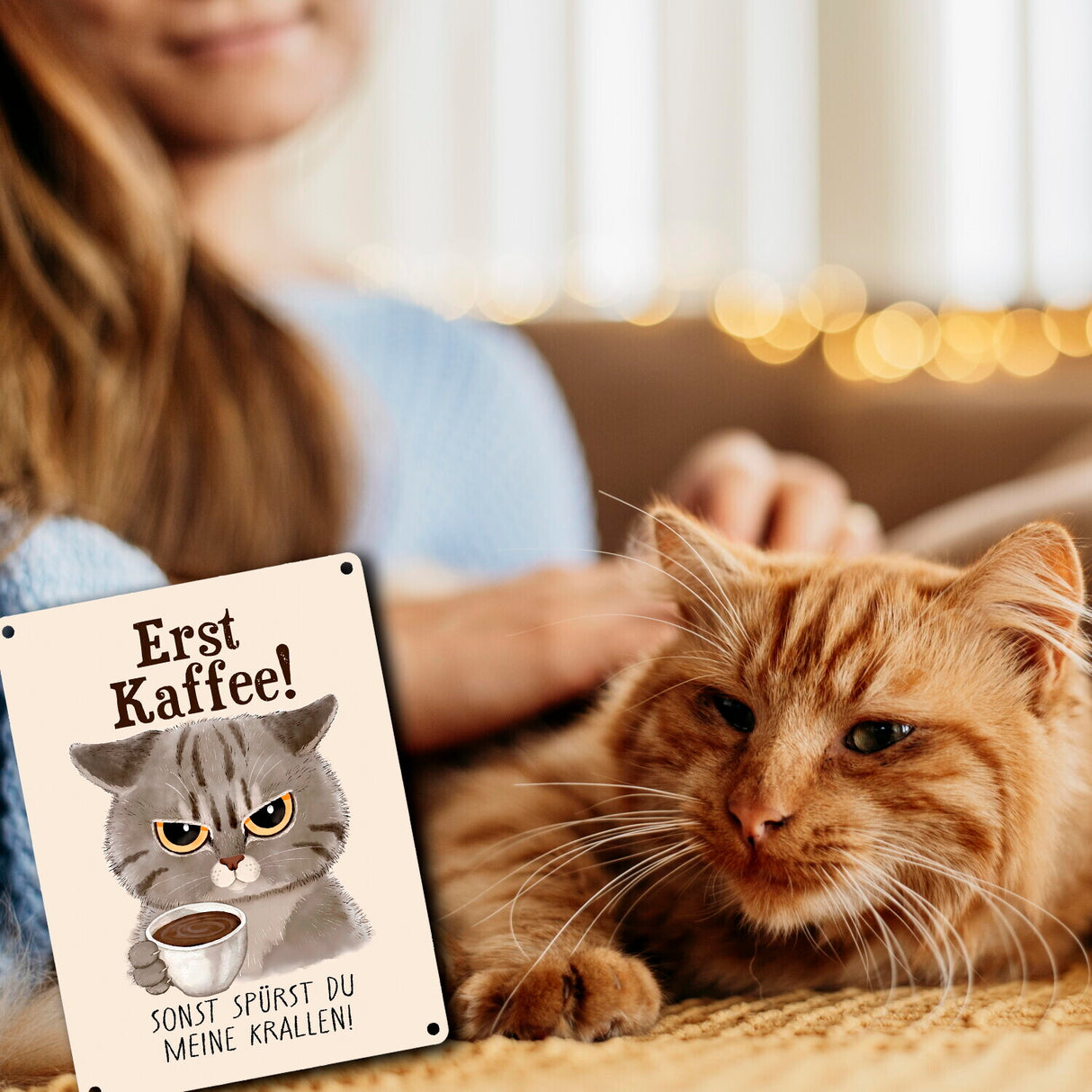 Morgenmuffel Katze Metallschild in 15x20 cm mit Spruch Erst Kaffee sonst Krallen