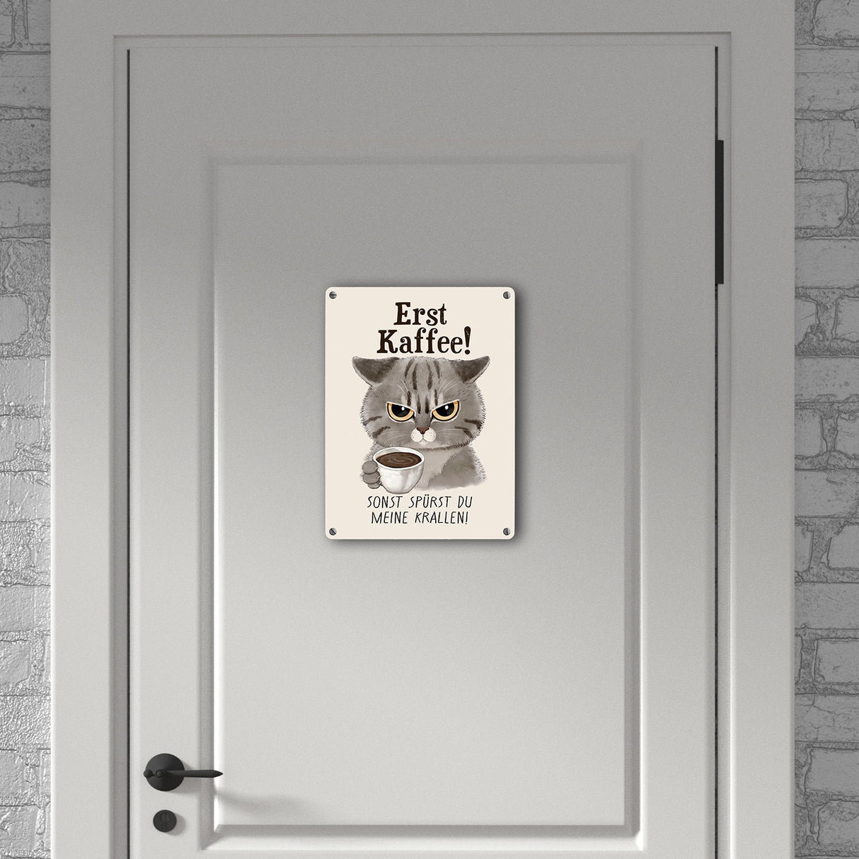 Morgenmuffel Katze Metallschild in 15x20 cm mit Spruch Erst Kaffee sonst Krallen